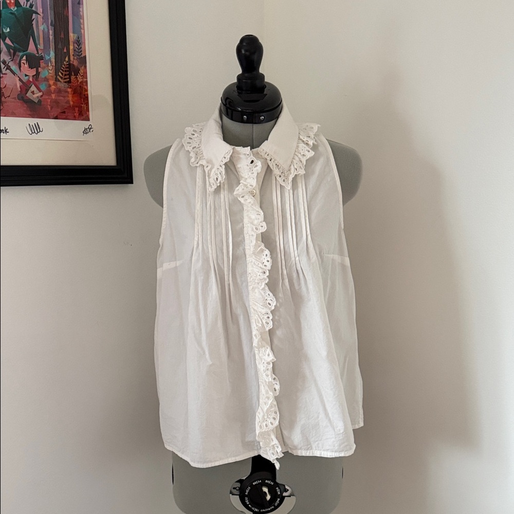 Sezane White Lace Trim Blouse